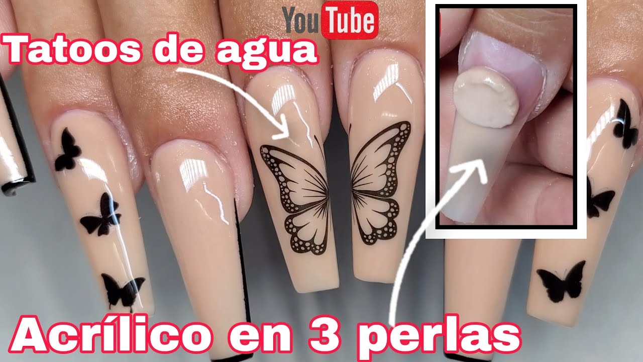 Aplicación de acrílico en 3 perlas💅|Como aplicar tattoos de agua en Uñas 🦋