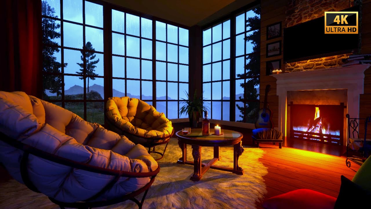 An Evening of Firelight & Rain (4K) 🔥 | 1 Hour of Warm Interior Ambience (no music)