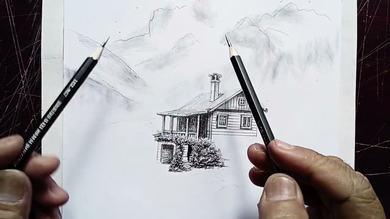 How to Draw Misty Mountain and Wooden House | Landscape Drawing Tutorial