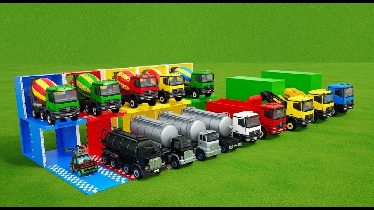 Garage with Colors | POWERFUL MIXER TRUCKS Loading on DOUBLE FLATBED