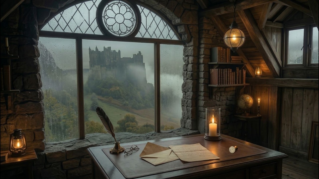 Dark academia playlist for ancient library research 🌧️ Rainy Night & Foggy Castle View Piano & Cello