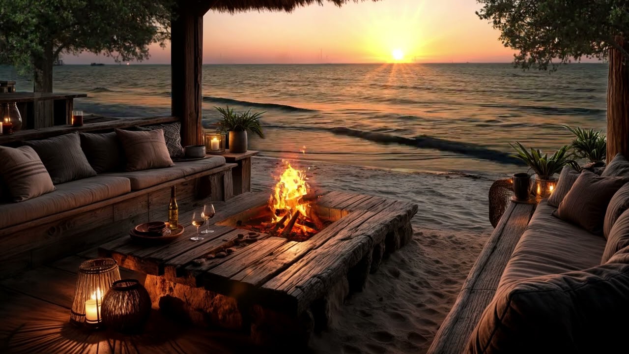 Sunset Serenity at the Beach Hut 🌅🔥 | Gentle Waves & Crackling Fire for Relaxation and Inner Peace