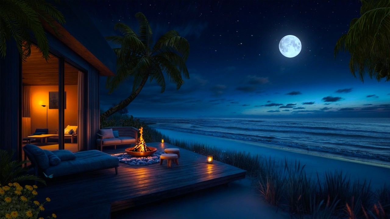 Fall Asleep to Relaxing Night Ocean Waves & Campfire Sounds | Low-Pitch Sea Ambience for Deep Sleep