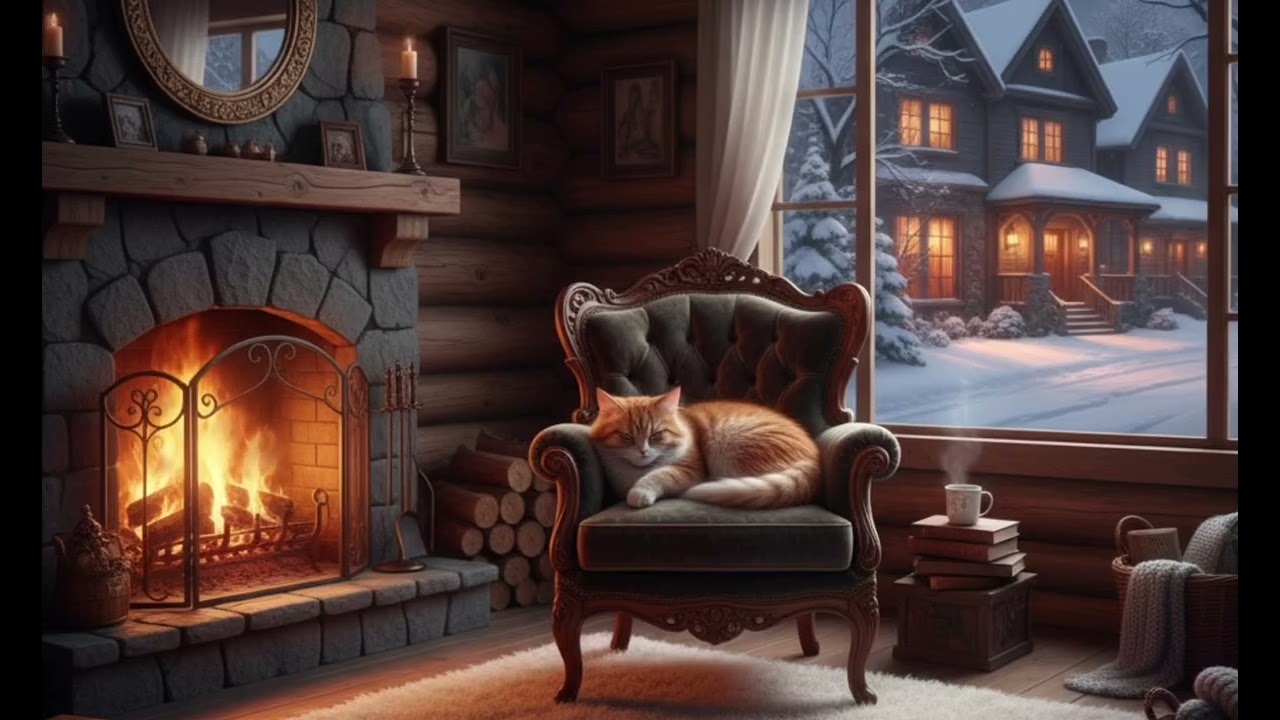 The calm sounds of the fireplace | a cozy winter day with a cat