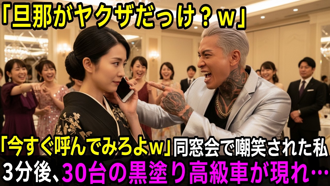 「旦那がヤクザ？ｗ」同窓会で嘲笑された私…3分後、50台の黒塗り高級車が現れいじめっ子は泣きながら跪いた