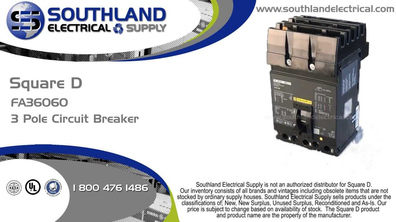 Square D FA36060, 60 Amp, 600 Volt, 3 Pole, I-Line Circuit Breaker