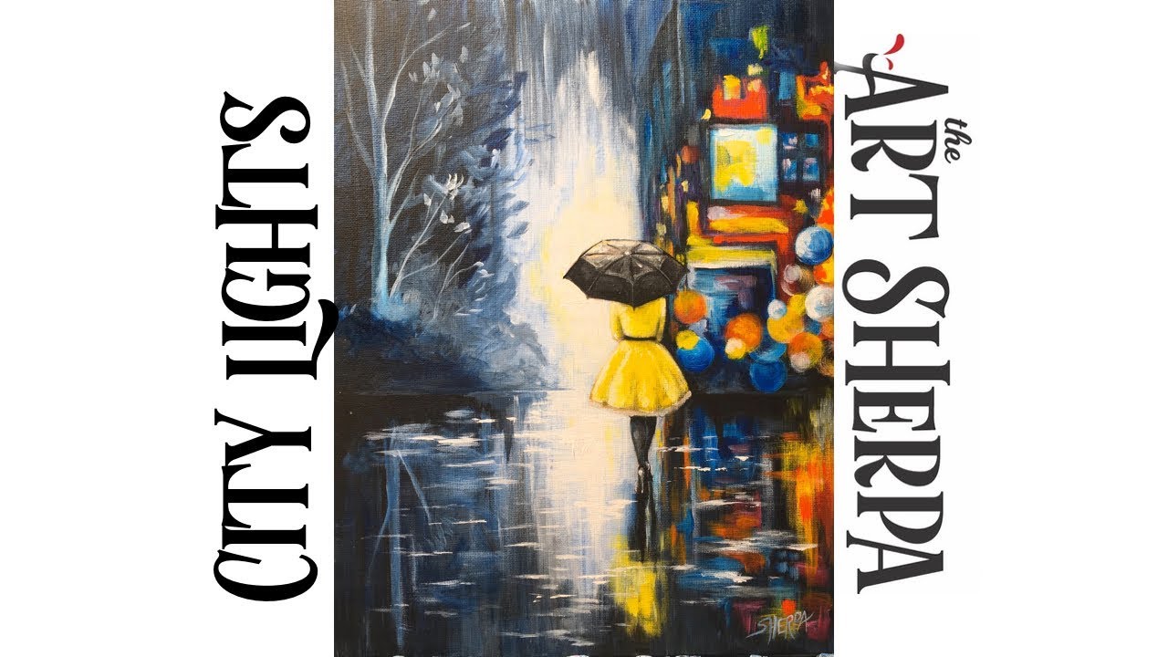 City Lights at night umbrella girl Acrylic painting on canvas beginner Tutorial | TheArtSherpa