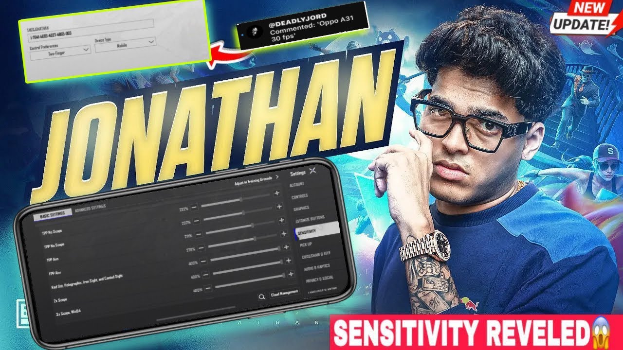 Jonathan Gaming Sensitivity code 🔥|  Zero Recoil BGMI 4.4 Update Settings Android/iOS