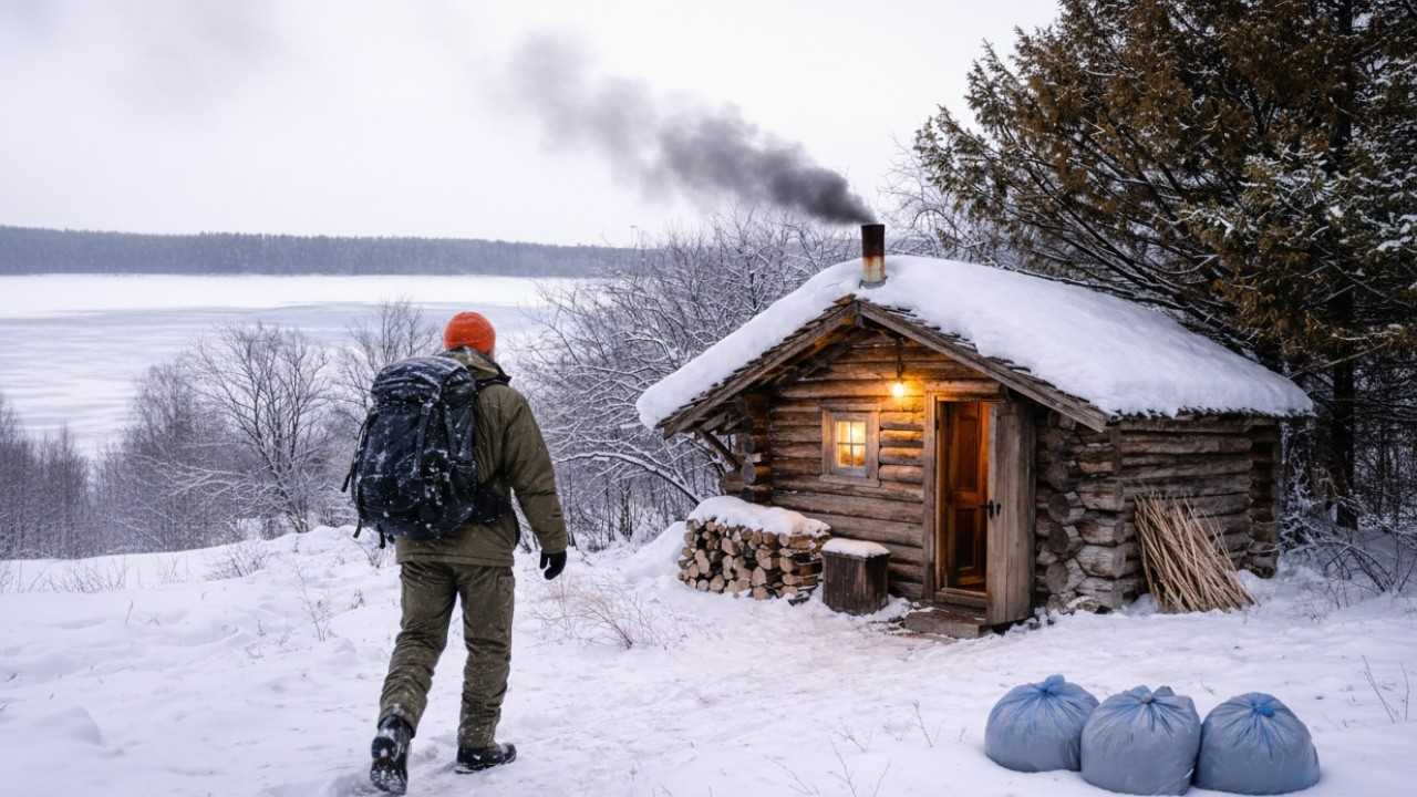Winter Survival and a Cozy Night Alone in an Abandoned Wooden Hut
