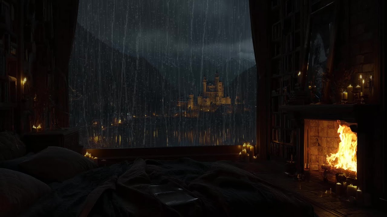 Rainy Night in a Medieval Castle Bedroom | Cozy Fireplace and Gentle Rain for Deep, Peaceful Sleep