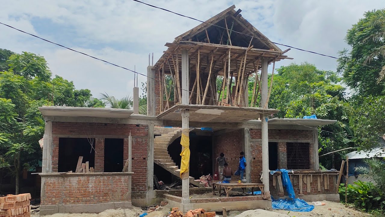 অল্প জায়গার মধ্যে রাউন্ড সিঁড়ি দিয়ে ৪ বেডরুমের একতলা বিল্ডিং ডিজাইন||চলমান কাজ||
