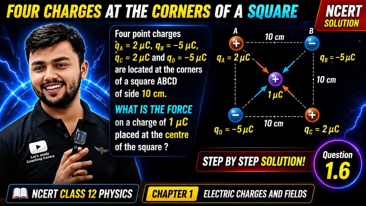 Ex-1|Que-6|Class-12|Physics|NCERT| Four point charges qA = 2 μC, qB = –5 μC, qC = 2 μC and qD = –5μC