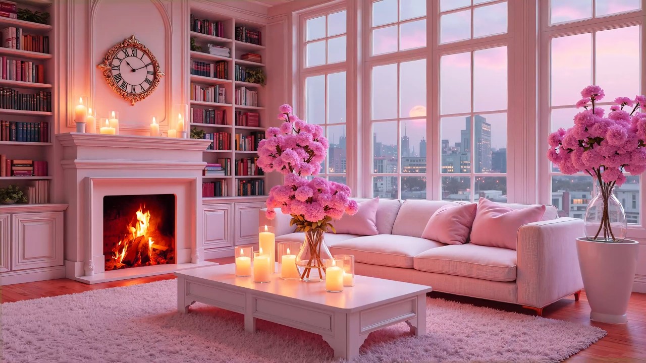 Cozy Pink Living Room 🎵 Soft Piano & Fireplace Sounds | The Most Relaxing Ambience for Sleep & Relax