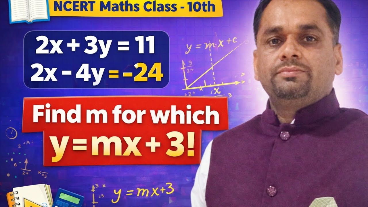 Maths//NCERT//Class -10th//Find the value of M if y= mx+3, and 2x+3y=11 and 2x-4y=-24.