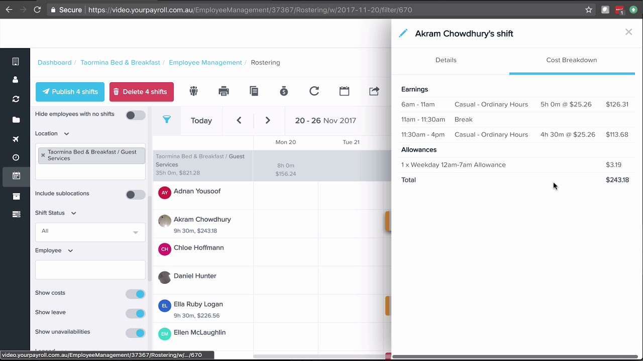 Adding, editing and deleting a shift in the roster
