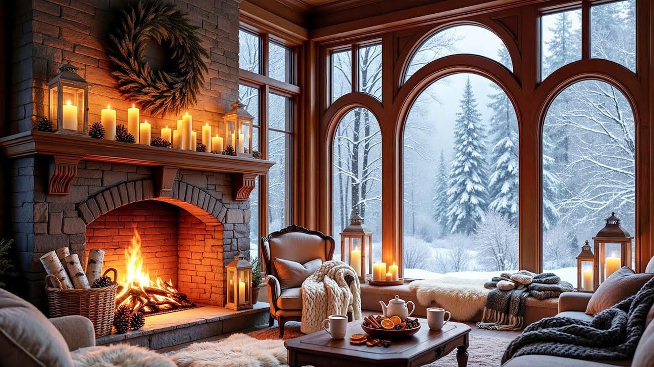Winter Cozy Room Ambience ❄️ Snowy Day with Gentle Piano Music and Fireplace Sounds for Relaxation