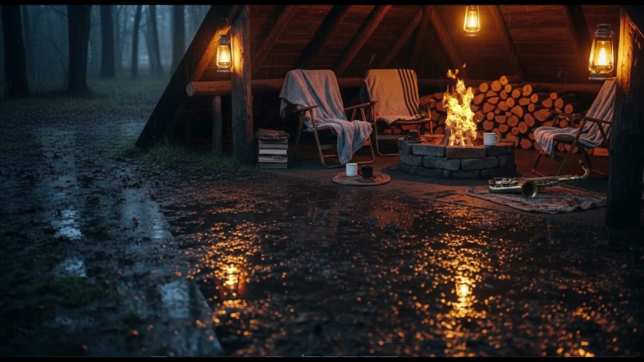 Relaxing Jazz Music & Rain Ambience 🌧️ Cozy Bonfire Night for Sleep & Stress Relief Video 07