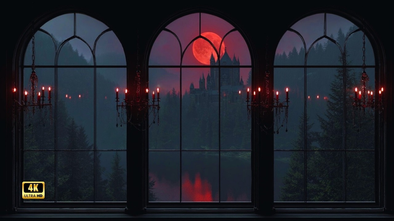 Bloody Castle 🌙  | 4K Gothic Window Ambience &bull;󠁏 Dark Fantasy Music󠁯 &bull;󠁏 Fantasy Night Escape