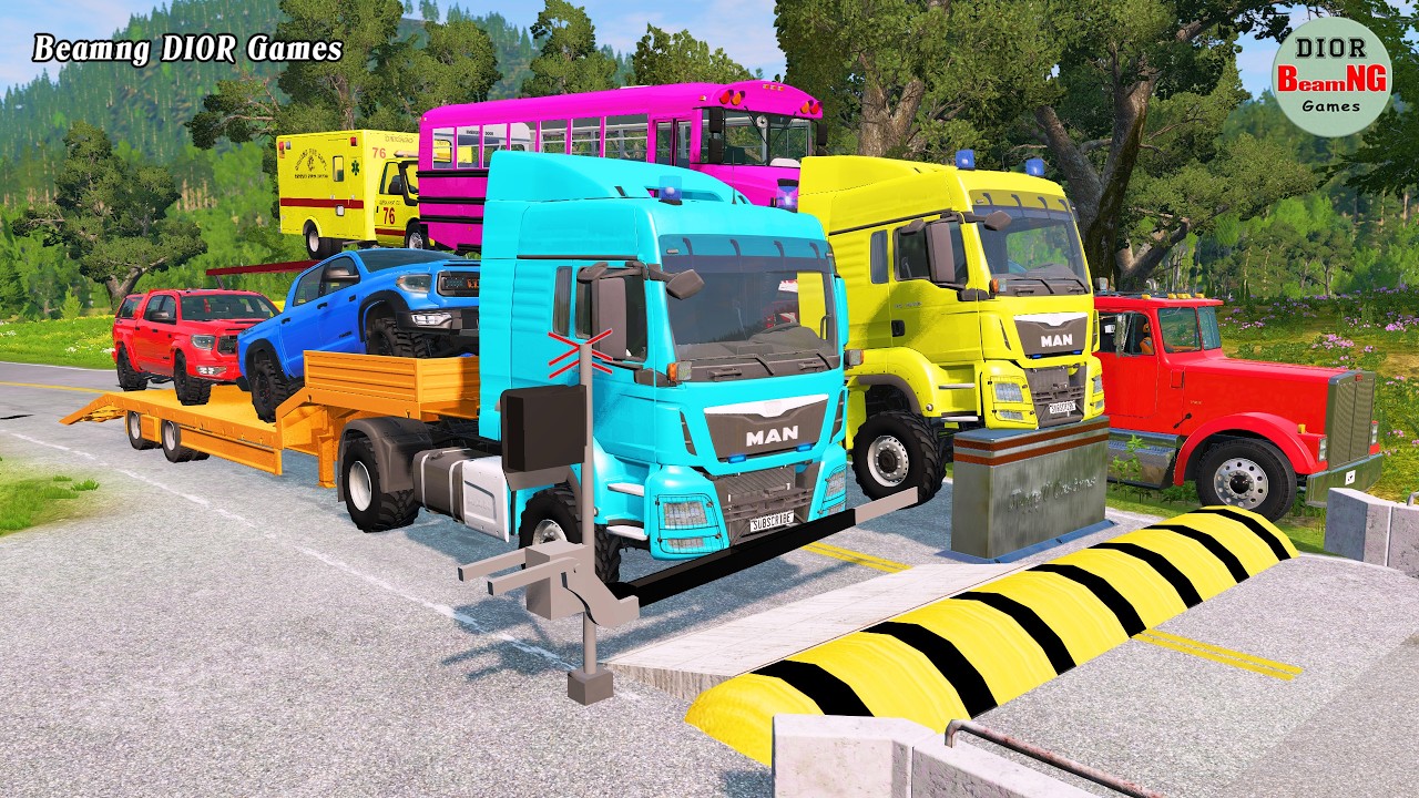 Double Flatbed Trailer Truck vs speed bumps|Busses vs speed bumps|Beamng Drive|1333