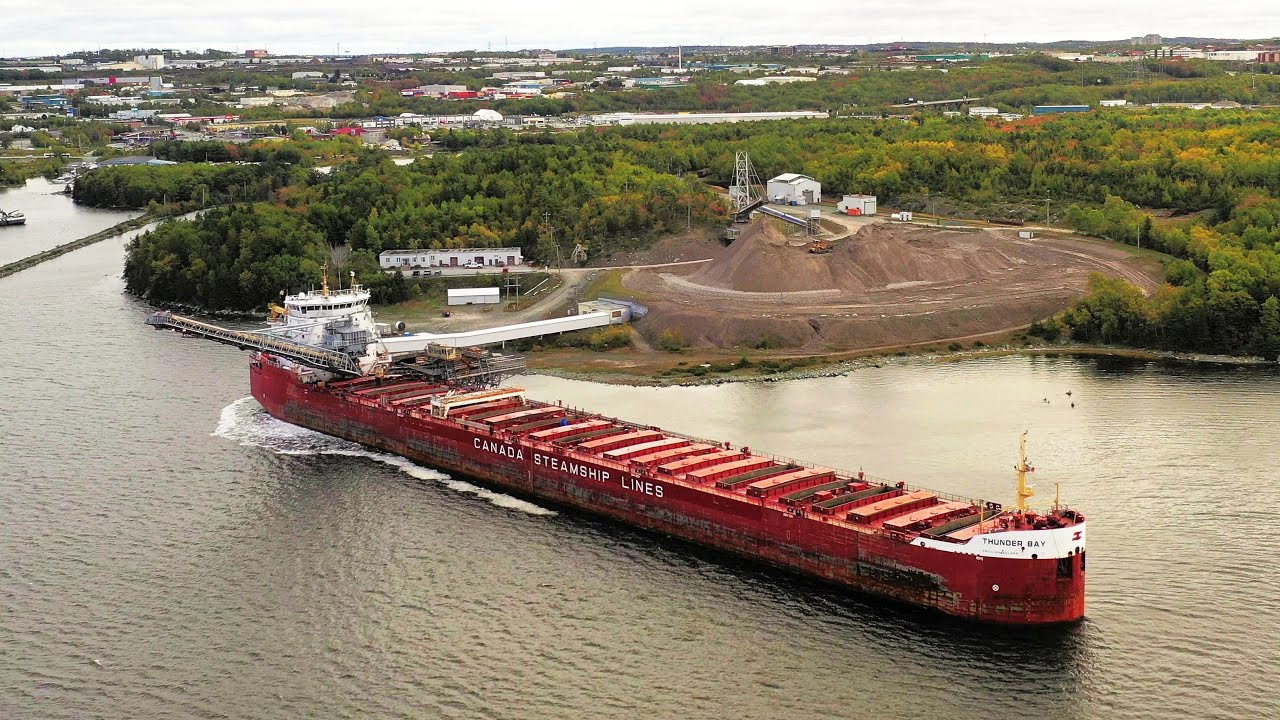 Gypsum Marine Loading Facility, Bulk Carrier Ship, Bulldozers and Rail Hopper Cars - Mavic 2 Pro
