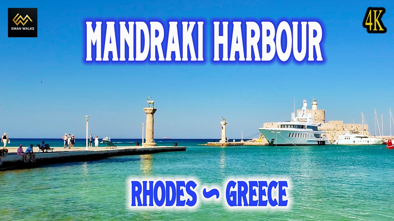 Mandraki Harbour Rhodes Greece 🇬🇷 Walk 4K | From Colossus of Rhodes to Old Town