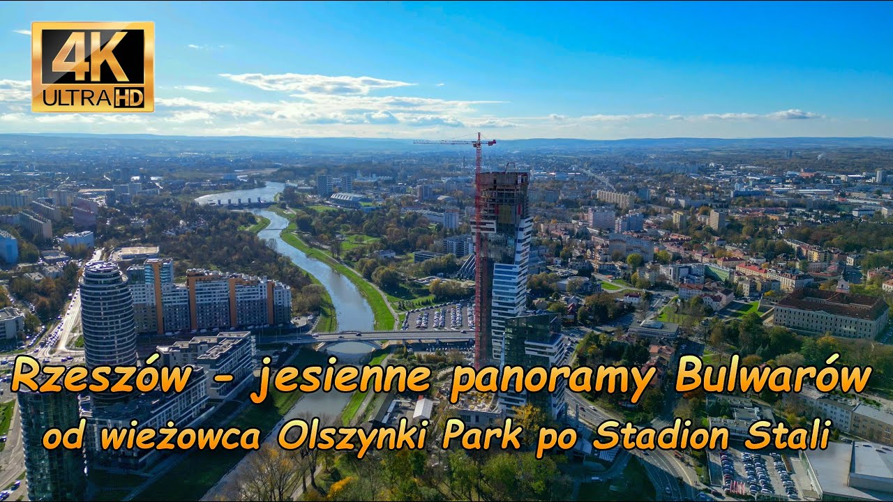 Rzeszów - jesienne panoramy Bulwarów Wisłoka od wieżowca Olszynki Park po Stadion Stali (dron 4K)