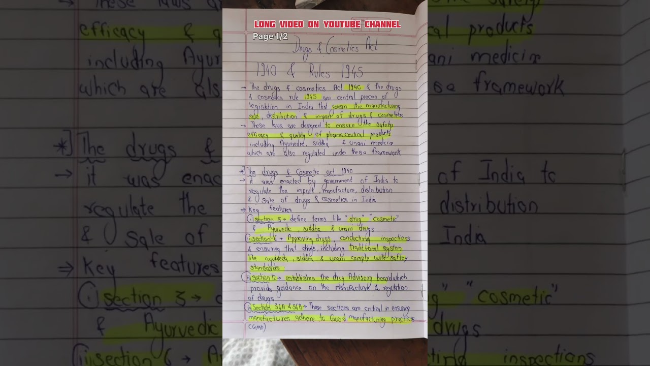 Drugs and cosmetics Act 1940 and rule 1945 Rasashastra Notes || Rasashastra Paper 2