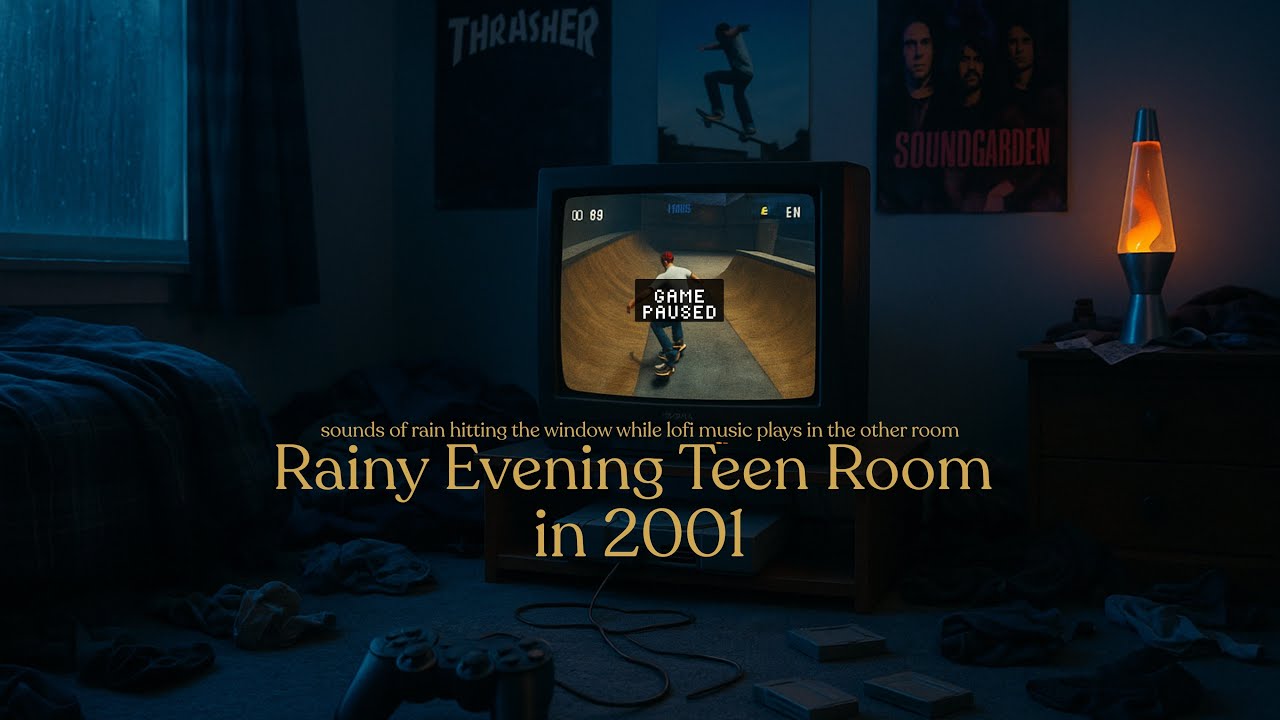 Rainy 2000s Bedroom Ambience - Rain Sounds with Lofi playing in the Other Room - Cozy Nostalgia
