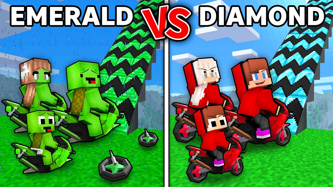 JJ and Mikey : EMERALD vs DIAMOND Trampoline Family Battle - Maizen in Minecraft ! (Maizen)