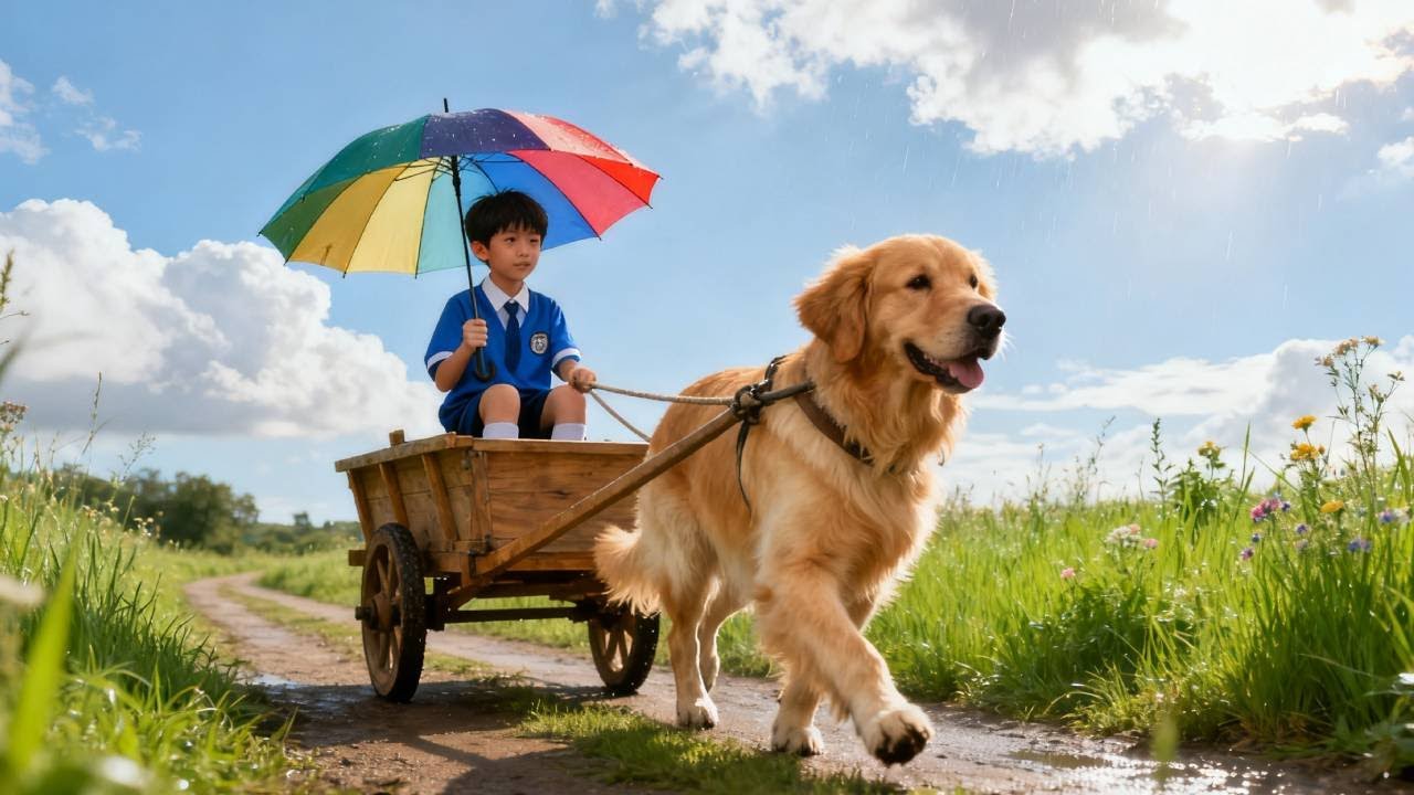 狗叔出发接孩子风雨无阻奥#萌宠 #狗狗 #金毛春天 #狗狗接小主人放学 #抖音小助手