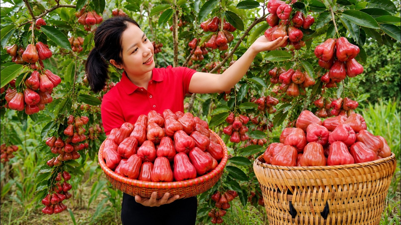 Harvesting Thousands of Ripe Wax Apples: Filling Bamboo Baskets with Giant Fruit