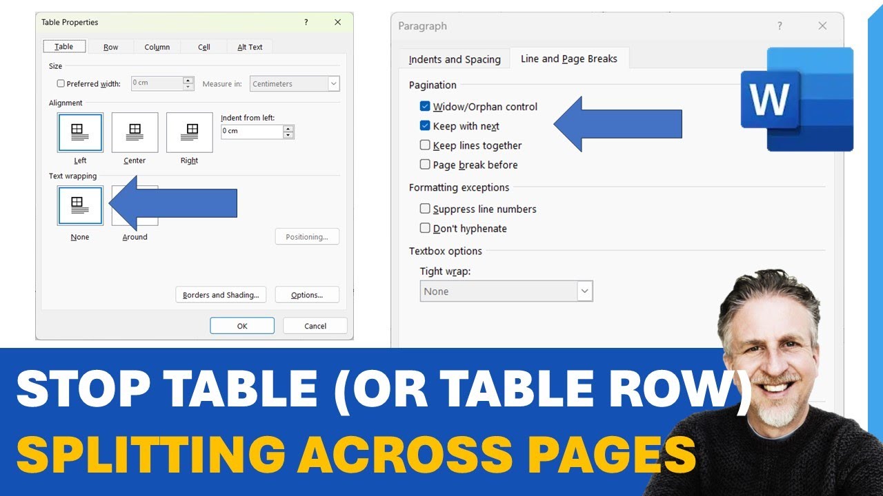 How to Stop Table (or Table Row) From Splitting Across  Pages in MS Word