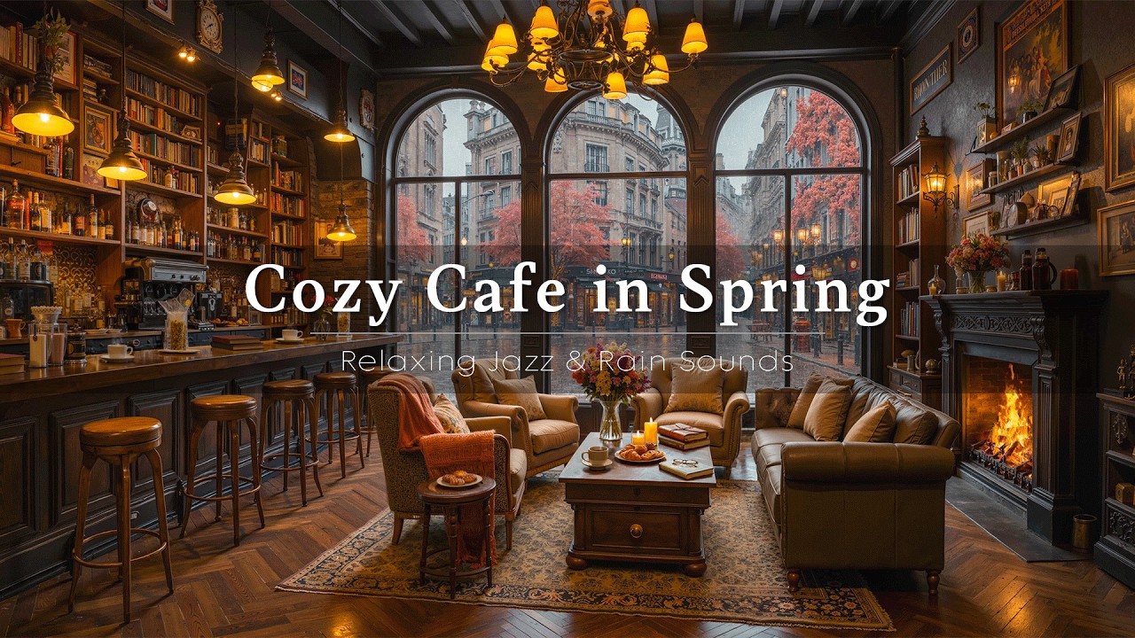 Spring Morning Jazz in Rainy Coffee Shop Ambience ☕ Warm Piano Jazz & Crackling Fireplace for Unwind
