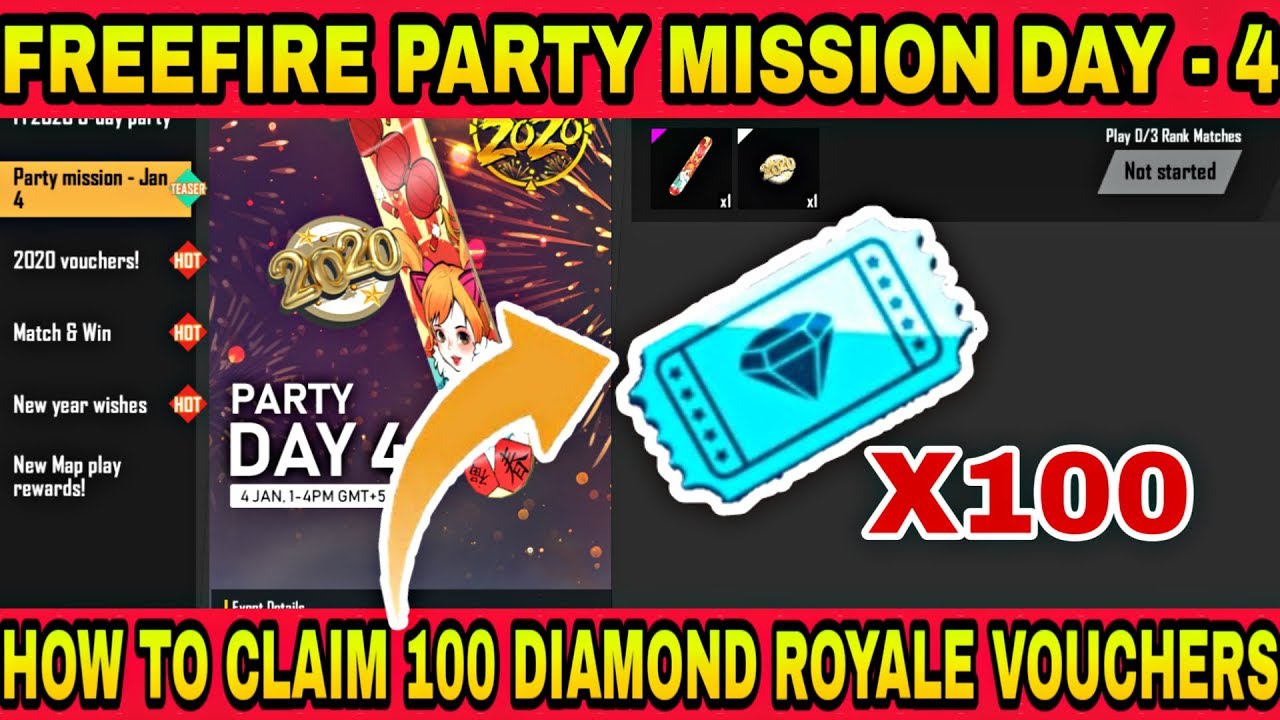 FREEFIRE NEW EVENT PARTY MISSION DAY - 4 FULL INFO - HOW TO CLAIM 100 FREE DIAMOND ROYALE VOUCHER