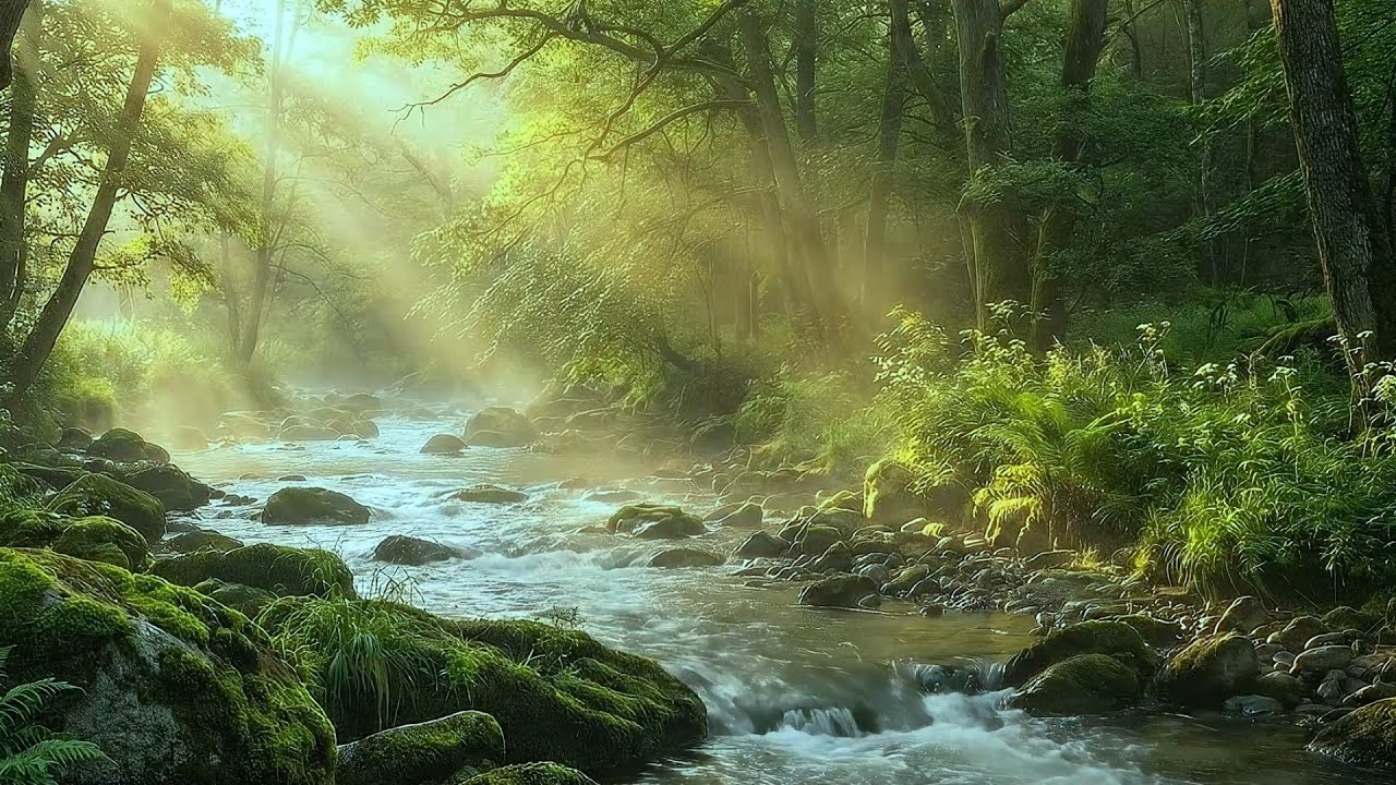 Relaxing Forest Ambience 🌿 Sunbeams Through Mossy Trees, Gentle Stream Sounds for Sleep, Meditation