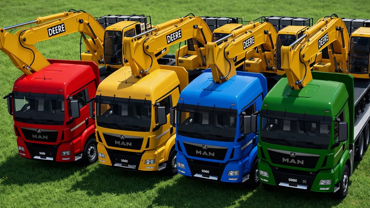 Red Yellow Blue Green Trucks with Excavators | Heavy Vehicles Video Farming FS25