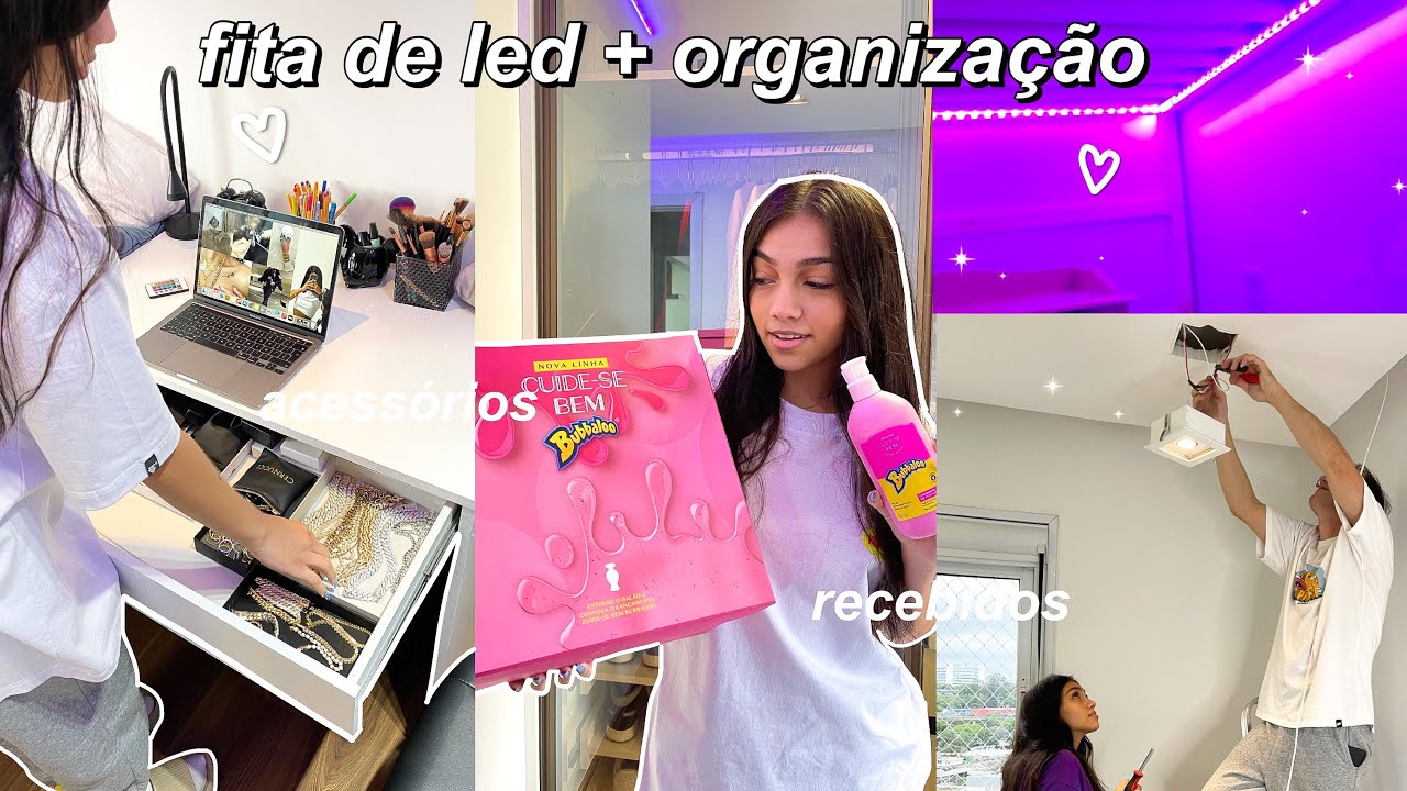 VLOG || coloquei fita de led no meu quarto, recebidos & organização