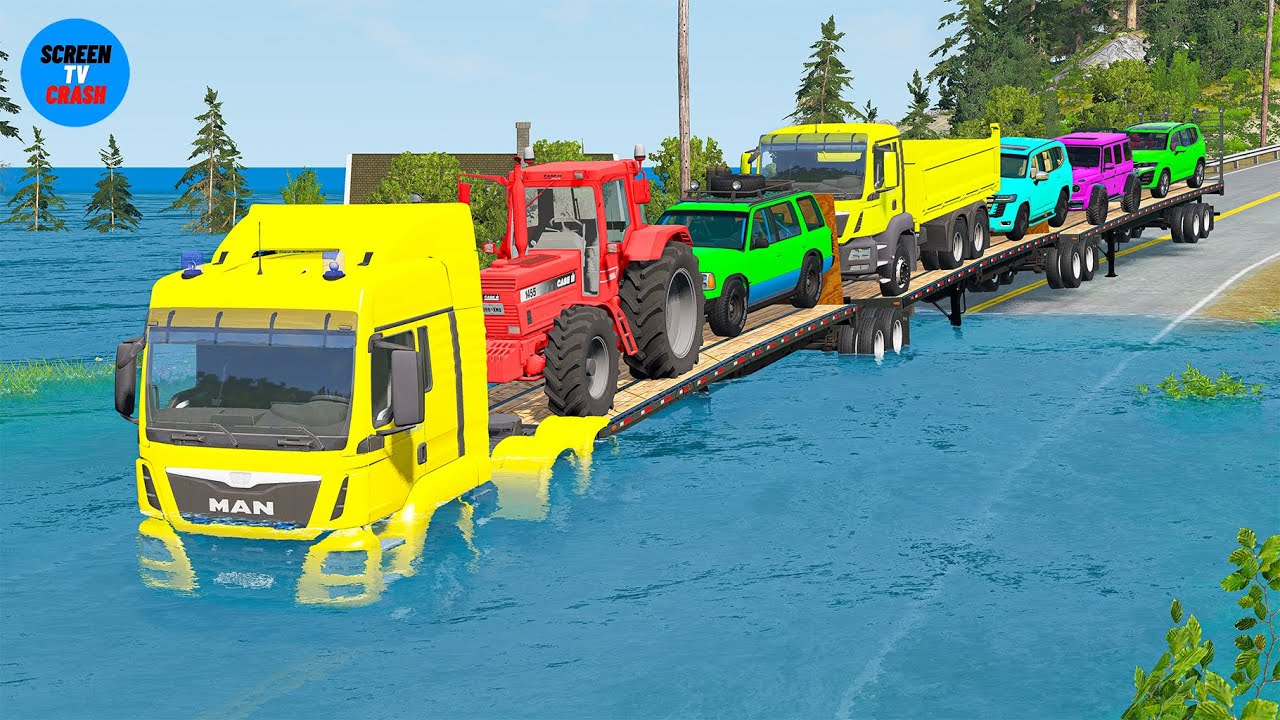 Toyota, Mercedes, Tractor, and Man Flatbed Truck vs Train &ndash; BeamNG.drive 04