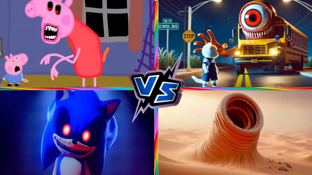 Peppa Pig Exe Vs School Bus Vs Sonic Exe Vs Erosion Worm | Tiles Hop Monster EXE | Tiles Hop!