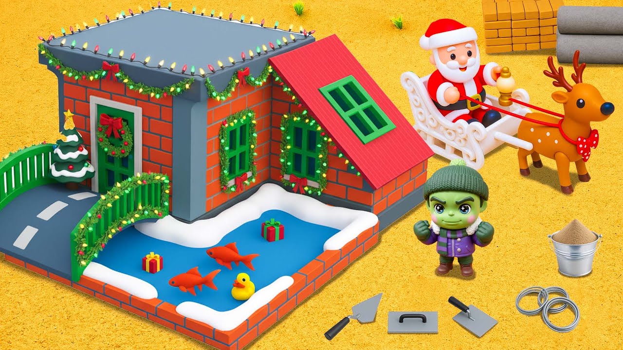 DIY Hulk Builds Christmas Brick House with Mini Fish Pond & Santa Decoration | Science Project