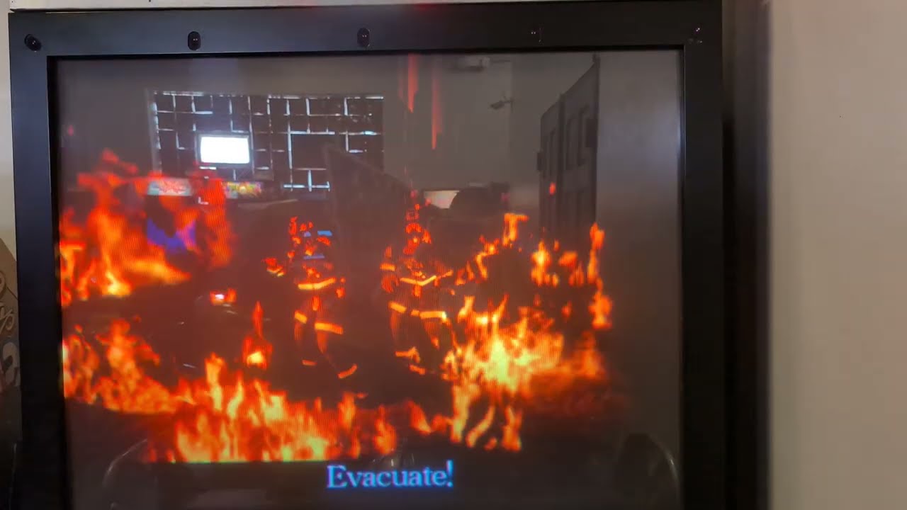 Sega Brave Firefighters arcade game at Galloping Ghost Arcade in Brookfield, IL - Game Over screen 