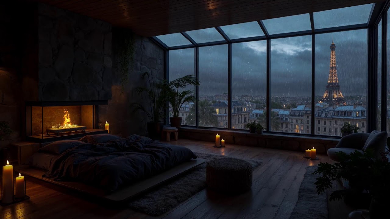 Cozy High-Rise Apartment in Paris During a Rainstorm 💤 Warm Fireplace & Rain Sounds for Sleeping