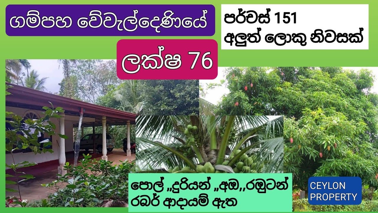 NO,,965 # ගම්පහ හොඳම තැනකින් පර්චස් 151,අලුත් ලොකු නිවසක් ලක්ෂ 76,සින්නක්කර ,පලතුරු සහ පොල් ,රබර් ඇත