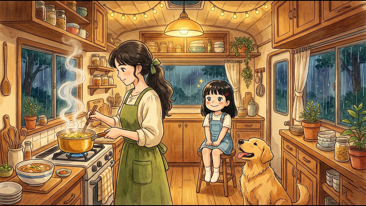 A Rainy Evening in Our Little Mobile Home: Warm Soup & Quiet Moments | Ghibli-Style Video