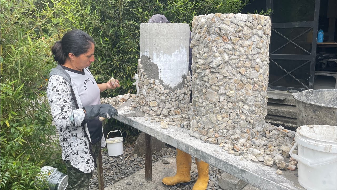 Applying stones to concrete shell