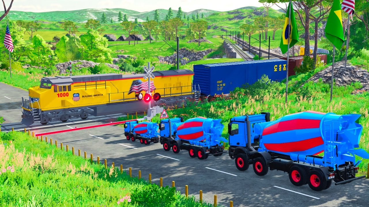 TRANSPORTING MIXER CAR QUEUE AT RAILWAY CROSSING