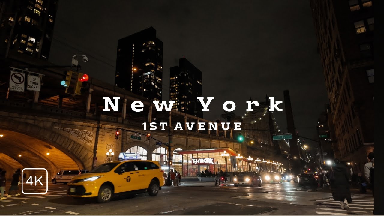 Relaxing Night Walk in New York City - 1st Avenue, East Harlem, Yorkville, Manhattan 4K