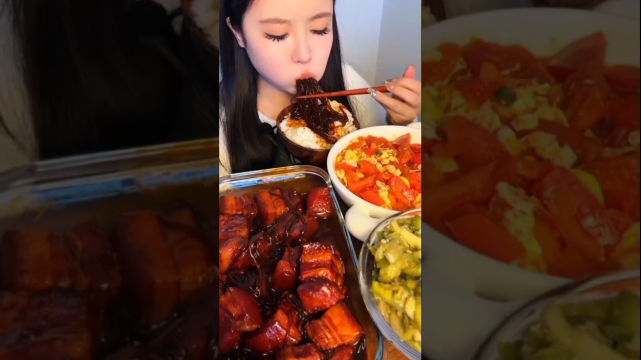 Red Braised Pork Belly, Tomato Egg Fry and Green vegetable ASMR 