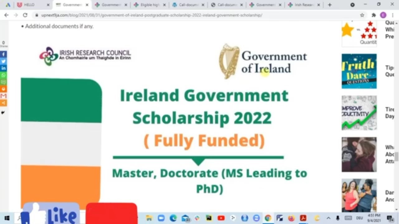 Ireland Government Scholarship 2022| Masters, PhD and Postdoctoral | Fully funded