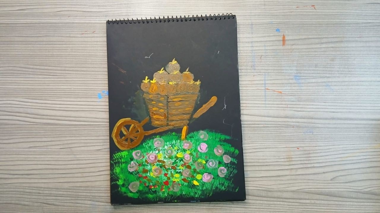 Rustic Flower Cart Painting on Black Paper